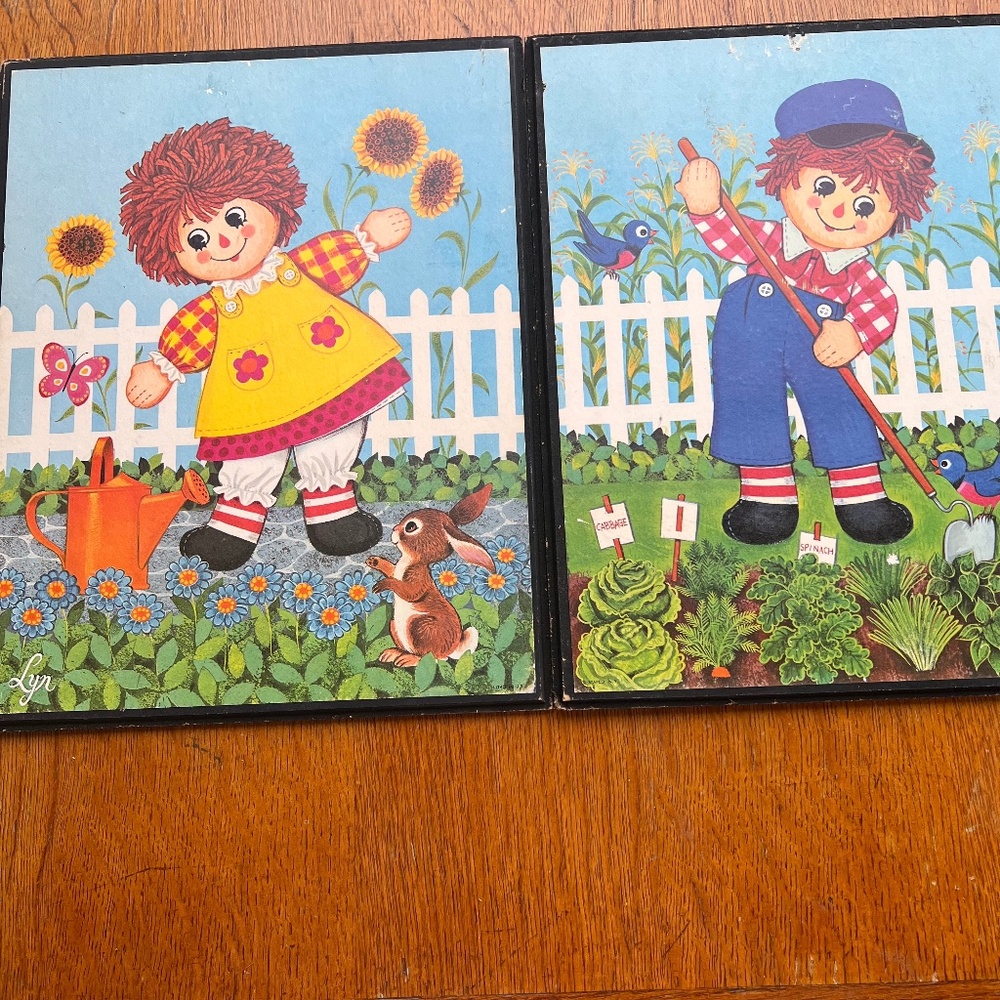 Vintage Raggedy Ann and Andy In Garden Litho Print By Lyn Large Size 14x11